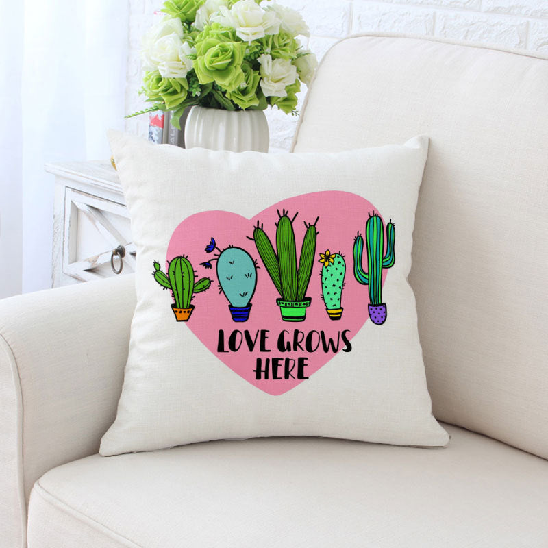 'Love Grows Here' Heart & Cactus Pillow Cover