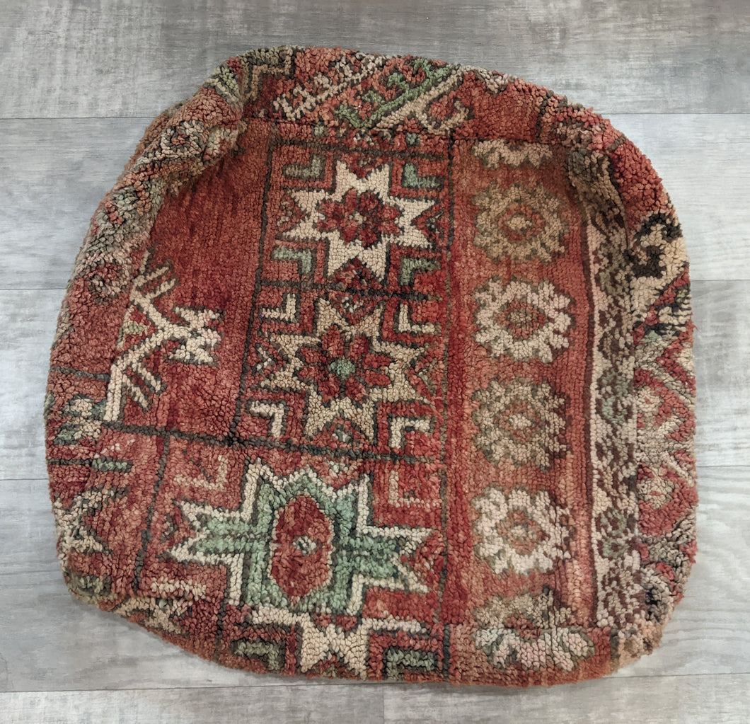 Vintage Moroccan Rug Floor Cushion Cover in Orange, Brown, & Cream
