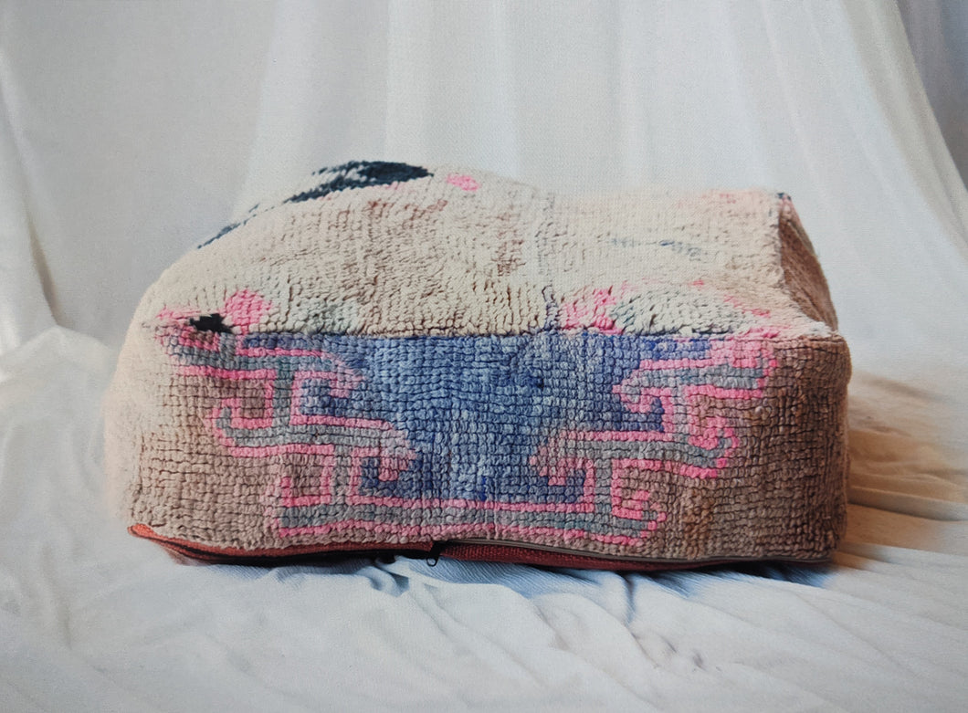 Vintage Moroccan Rug Floor Cushion Cover in Pink, Purple & Cream