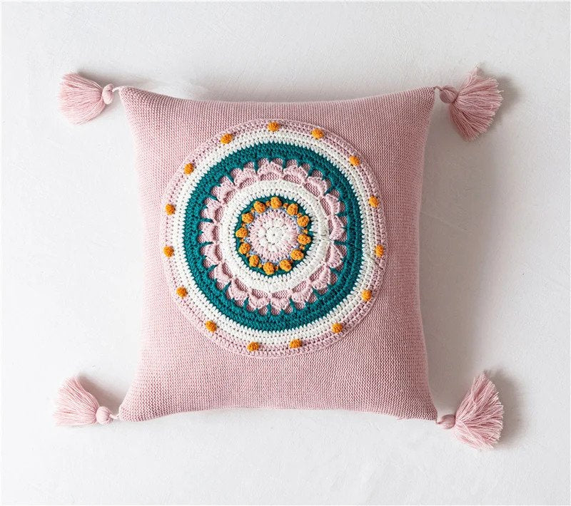 Boho Crochet and Tassels Throw Pillow Cover - 5 Color Options